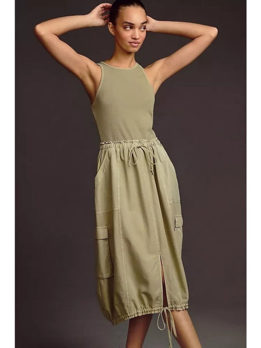 Daily Practice Anthropologie Army Green Tank Twofer Midi Dress, Size Small